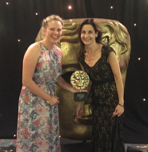 Alex Harwood (right) celebrating a BAFTA Cymru with Director Kim Strobl